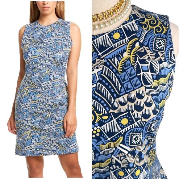 J. McLaughlin Talavera Devon patterned sheath dress blue yellow tan size XS - Picture 1 of 9